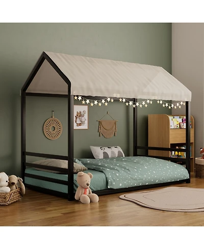 Streamdale Furniture Montessori Metal Floor Bed Frame, House with Guardrails, Kids/Toddlers.