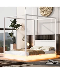 Streamdale Furniture Queen Wood Led Canopy Bed, Platform, No Box Spring