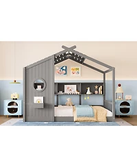Streamdale Furniture Twin Floor House Bed Toddler, Montessori with Shelf, Playhouse Bed, Gray