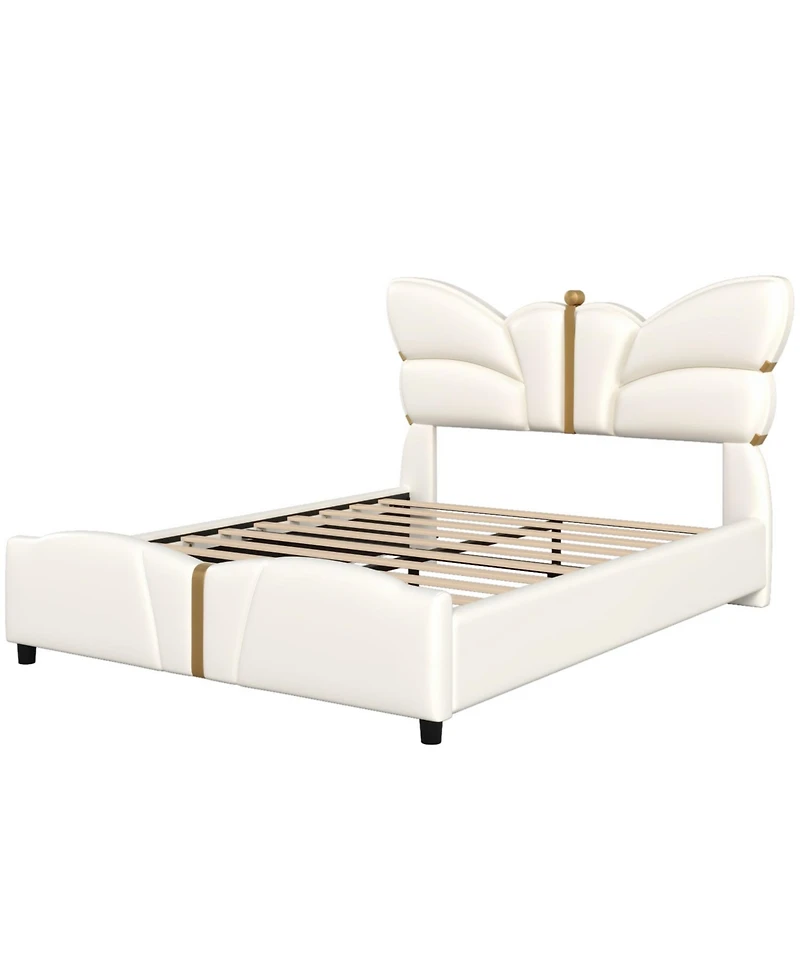 Streamdale Furniture Upholstered Pu Leather Bed Frame, Butterfly Headboard, Gold Metal.
