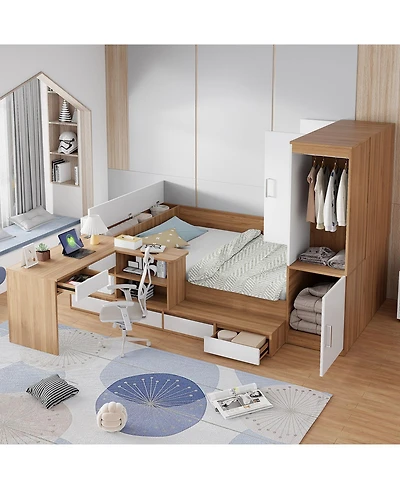 Streamdale Furniture Full Wooden Platform Bed with 6 Drawers, Shelves, desk and Wardrobe