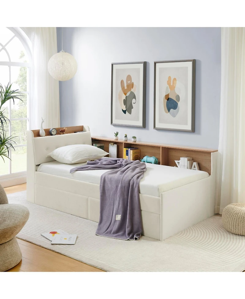 Streamdale Furniture Twin Velvet Daybed- Storage Headboard, Wireless Charging, Led, Beige