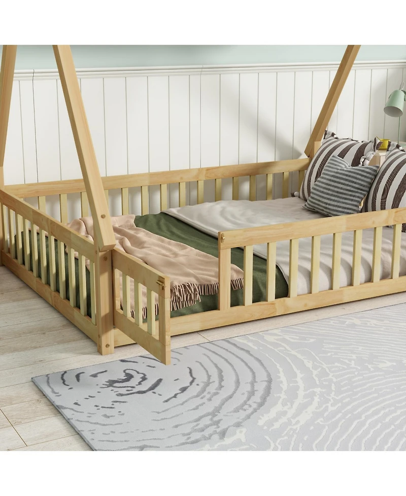 Streamdale Furniture Streamdale Rubber Wood Tent Floor Bed with Guardrails & Door