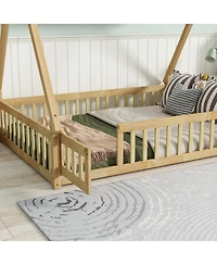 Streamdale Furniture Streamdale Rubber Wood Tent Floor Bed with Guardrails & Door