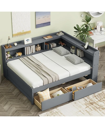 Streamdale Furniture L-Shaped Bookcase Bed with Power Outlets, Usb & Drawers - Grey