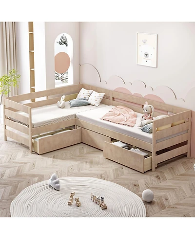 Streamdale Furniture Twin Size L-shaped Platform Bed with Three Storage Drawers