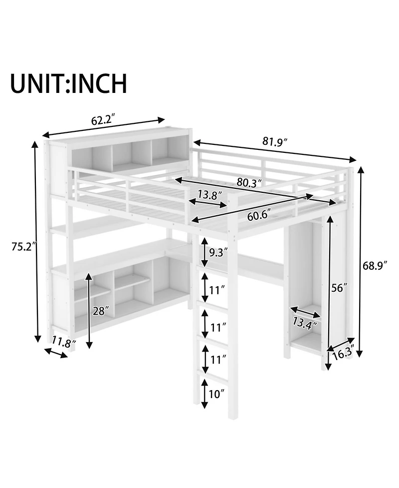 Streamdale Furniture Queen Loft Bed with Desk & Wardrobe