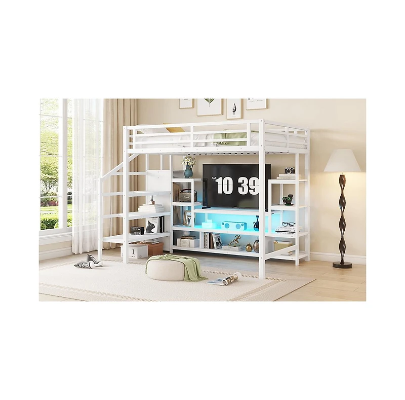 Streamdale Furniture Full Size White Metal Loft Bed with Staircase & Wardrobe
