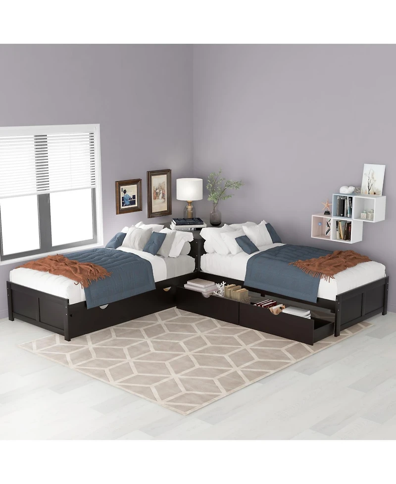 Streamdale Furniture Twin L-Shaped Platform Bed with Trundle, Drawers & Desk