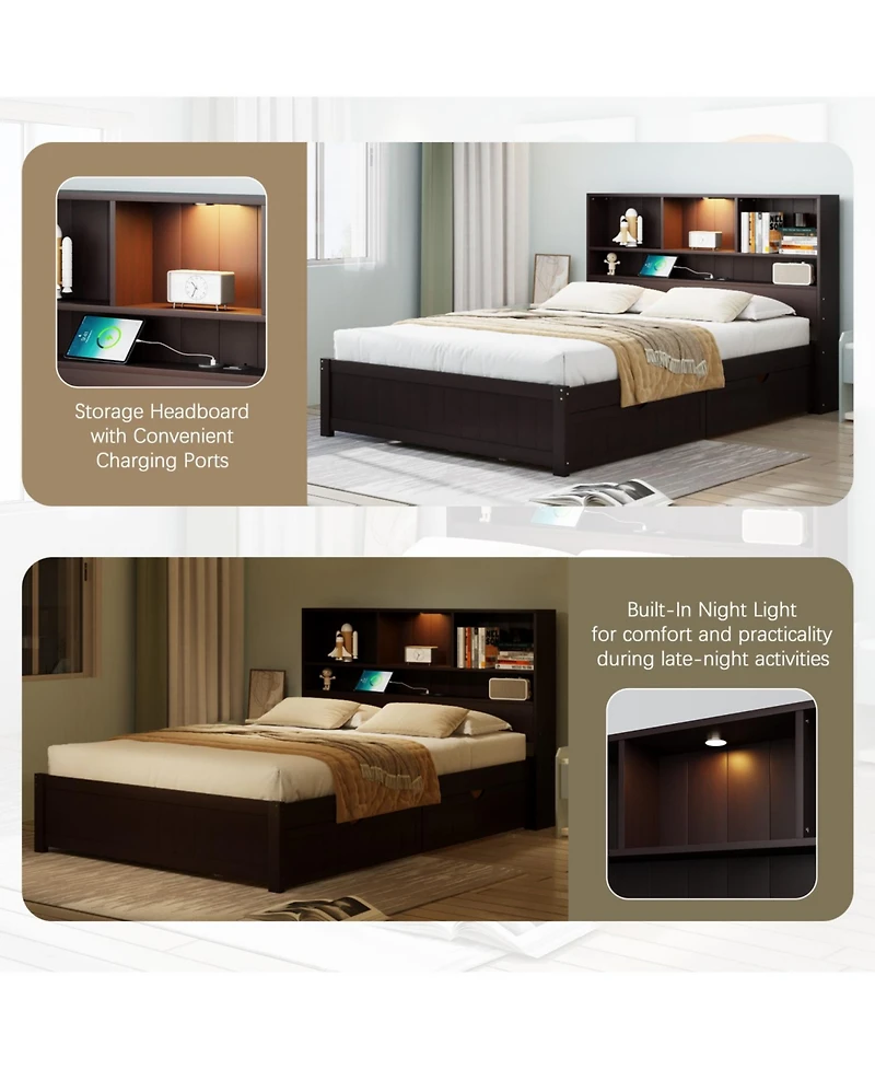 Streamdale Furniture Twin Platform Bed with Bookcase Headboard, Downlight, Charger, Drawers