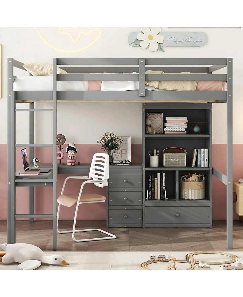 Streamdale Furniture High Loft Bed with Desk, Storage, Ladder, Grey