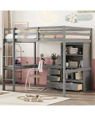 Streamdale Furniture High Loft Bed with Desk, Storage, Ladder, Grey