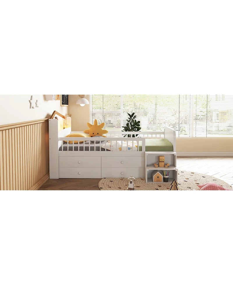 Streamdale Furniture Streamdale Low Loft Bed with Led Lights, Wooden Twin Loft Bed with House Shape Headboard, Kids Loft Bed with Storage Drawers