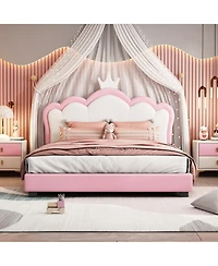 Streamdale Furniture Full Upholstered Princess Bed with Crown Headboard,Full Platform Headboard and Footboard