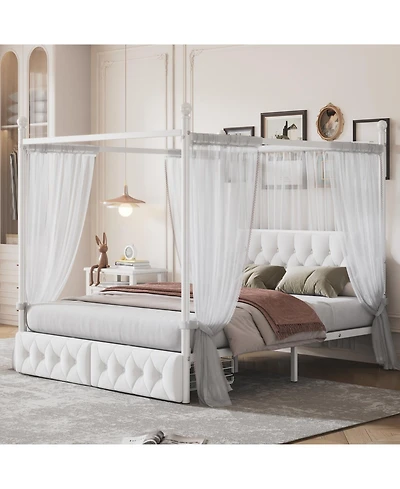 Streamdale Furniture Queen Size Metal Canopy Platform Bed with Upholstered Headboard and Two Storage Drawers