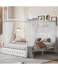 Streamdale Furniture Queen Size Metal Canopy Platform Bed with Upholstered Headboard and Two Storage Drawers