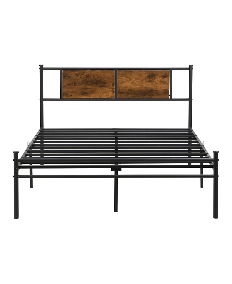 Streamdale Furniture King Metal Bed Frame with Headboard and Wood Panel Accents in Black