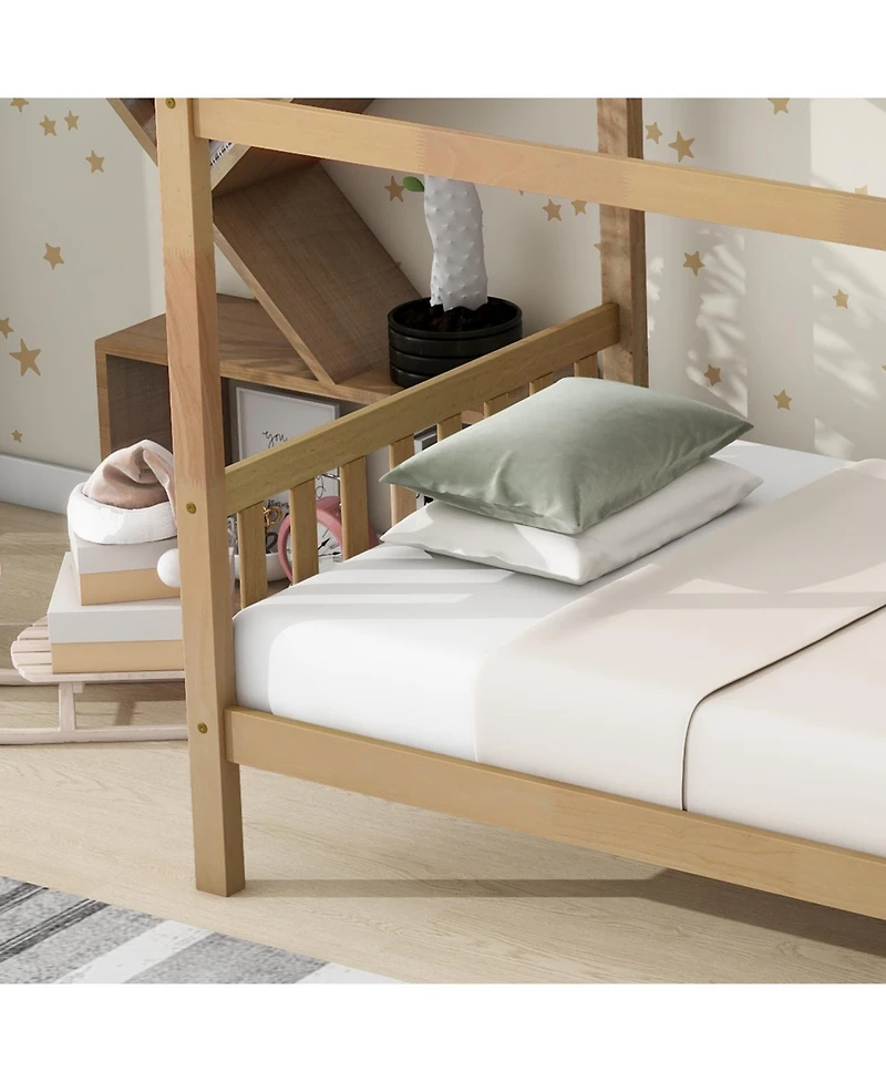Streamdale Furniture Twin House Bed with Headboard and Footboard, Twin Rubber Wood Bed with House Frame,White Oak