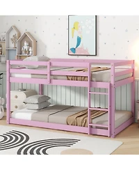 Streamdale Furniture Solid Wooden, Solid Rubber Wooden Twin over Twin Loft Bed with Ladder, with Bed Platform of Strengthened Slats, Pink
