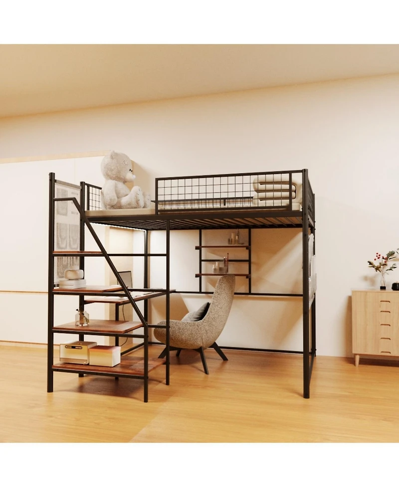 Streamdale Full size loft metal bed with black for bedroom and dormitory, with built-in charging station and Led lighting