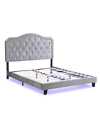 Streamdale Furniture Queen Upholstered Bed with Tufted Curve Design, Led Platform, Strong Wood Slats, Easy Setup - Light Grey Velvet