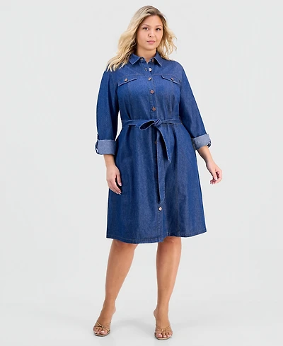 Jones New York Plus Cotton Tie-Waist Chambray Dress