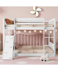 Streamdale Furniture Twin Over Twin Floor Bunk Bed, Playhouse Floor Bunk Bed with Climbing Ramp, Ladder, Safety Guardrails,White