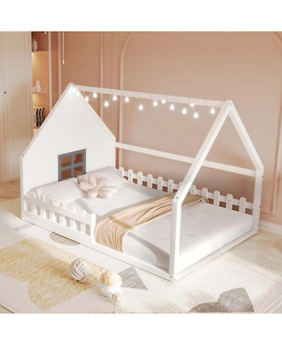 Streamdale Furniture Full Wood House Bed with Window and Fence.