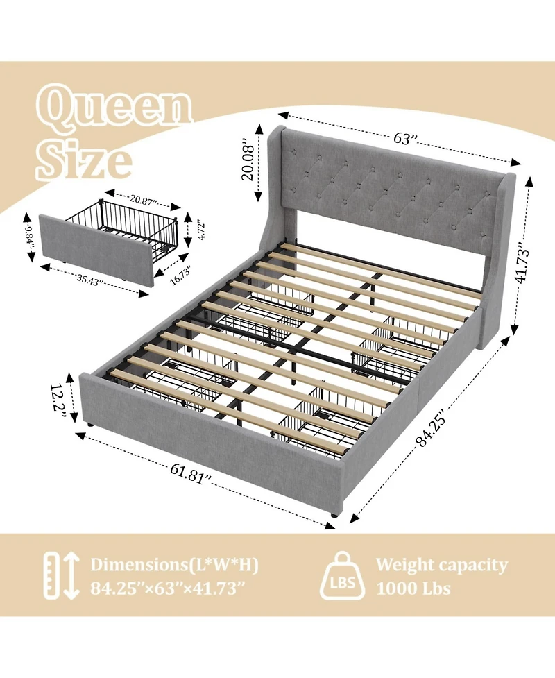 Streamdale Furniture Queen Size Bed Frame with 4 Storage Drawers and Wingback Headboard, Button Tufted Design