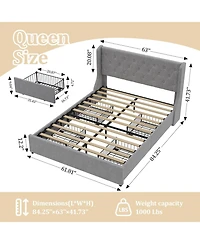 Streamdale Furniture Queen Size Bed Frame with 4 Storage Drawers and Wingback Headboard, Button Tufted Design
