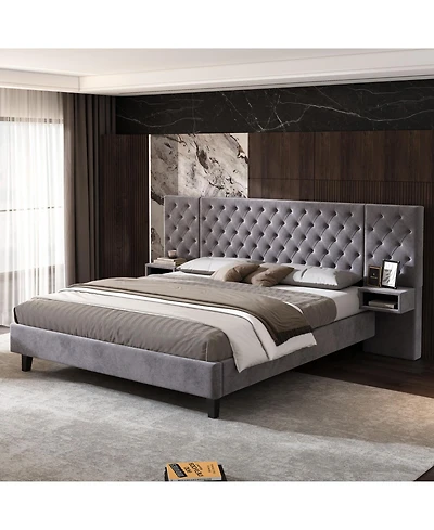 Streamdale Furniture Streamdale Grey Velvet Platform Bed with Headboard, 2 Nightstands & Diamond Tufting