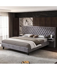 Streamdale Furniture Streamdale Grey Velvet Platform Bed with Headboard, 2 Nightstands & Diamond Tufting