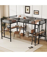 Streamdale Furniture Twin Size Metal Loft Bed with Two Built-in Desks