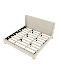 Streamdale Furniture Modern Velvet Upholstered Platform Bed with Wingback Headboard and Round Wooden Legs, Cream,King Size