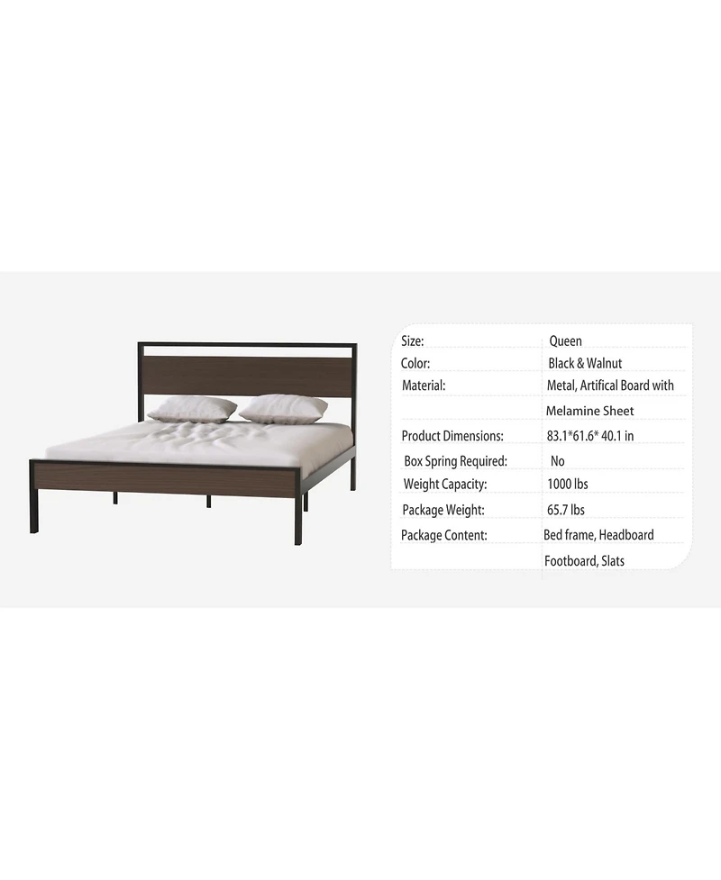 Streamdale Furniture Ceres Metal Bed with Walnut Wood Headboard&Footboard Queen