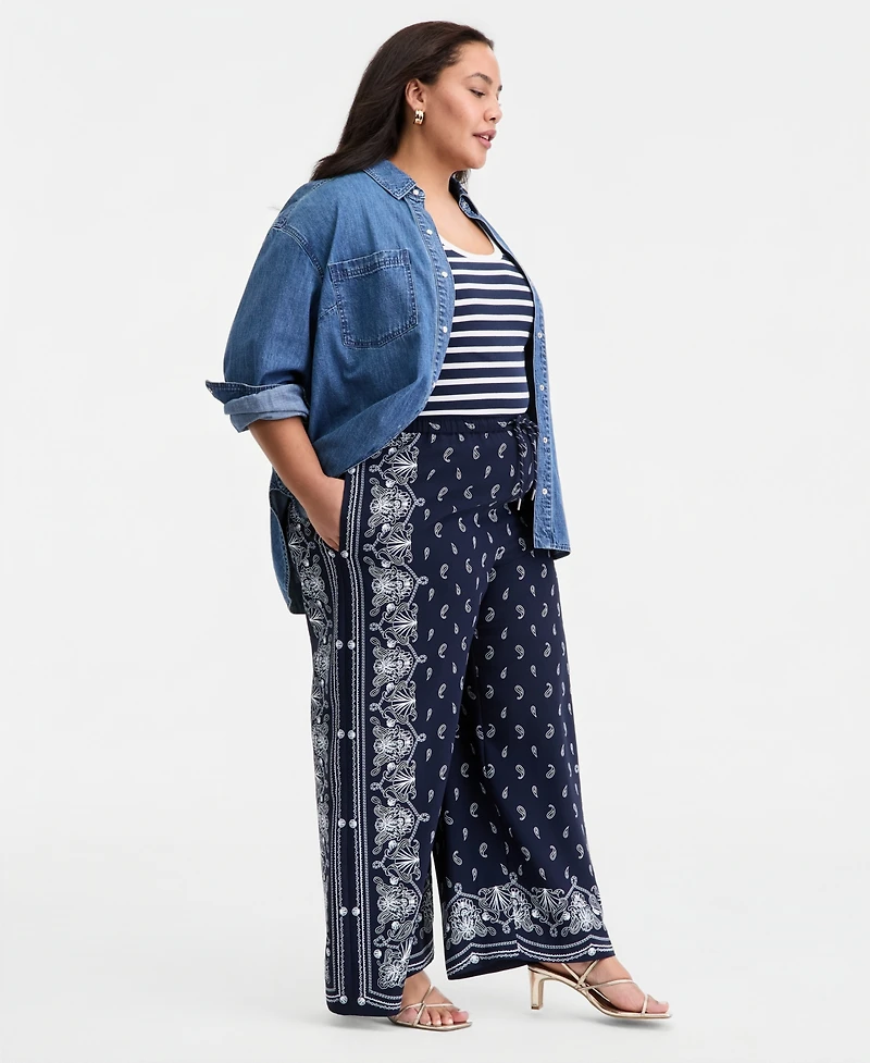 On 34th Trendy Plus High Rise Bandana Frame Print Wide Leg Pull-On Pants, Macy's Exclusive