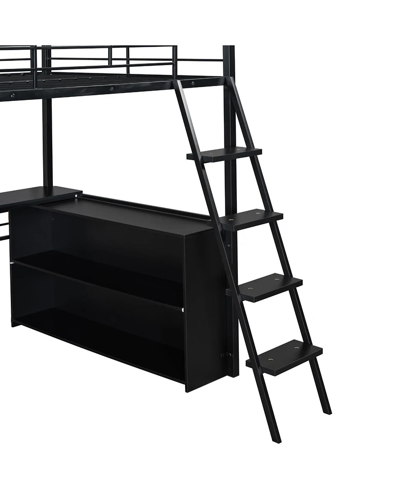 Streamdale Furniture Full Size Metal Loft Bed with Led Desk and 4 Storage Shelves Black