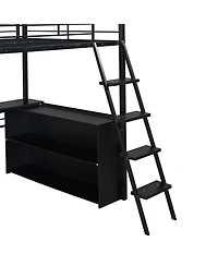 Streamdale Furniture Full Size Metal Loft Bed with Led Desk and 4 Storage Shelves Black