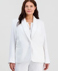 Kasper Plus Size Pearl Trim Shawl Collar Blaze Sleeveless Pearl Trim Blouse High Rise Straight Leg Pants