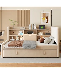 Streamdale Furniture Twin Upholstered Daybed with Trundle Storage Shelves Usb & Outlet