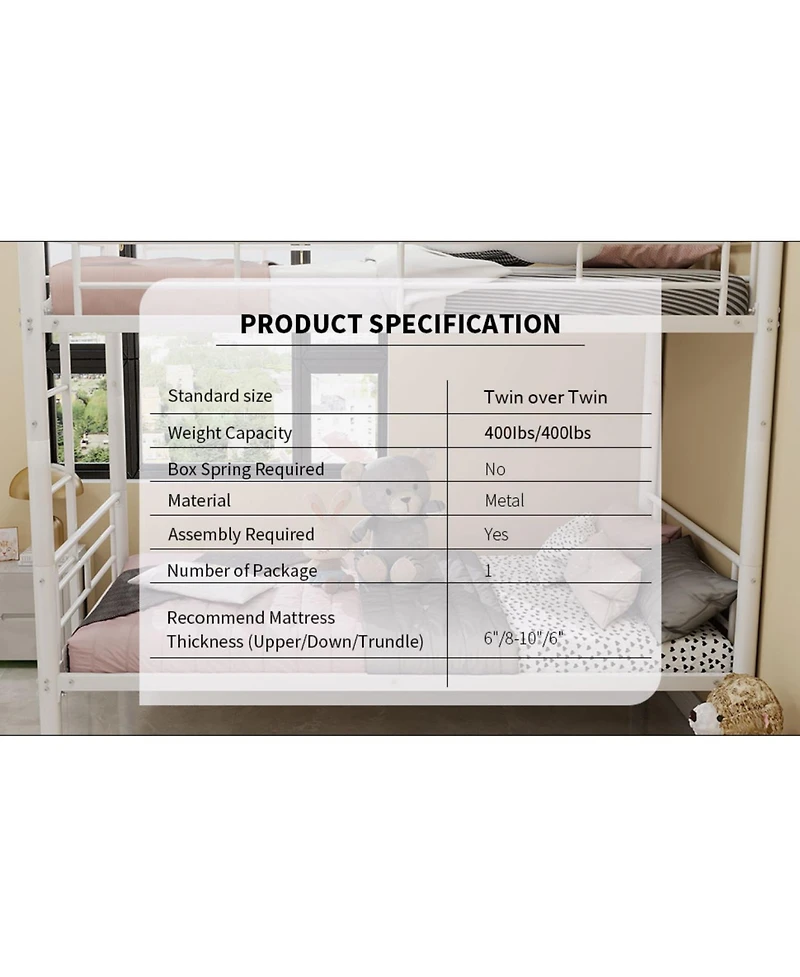 Streamdale Furniture Twin Over Twin Metal Bunk Bed with Ladders & Guardrail