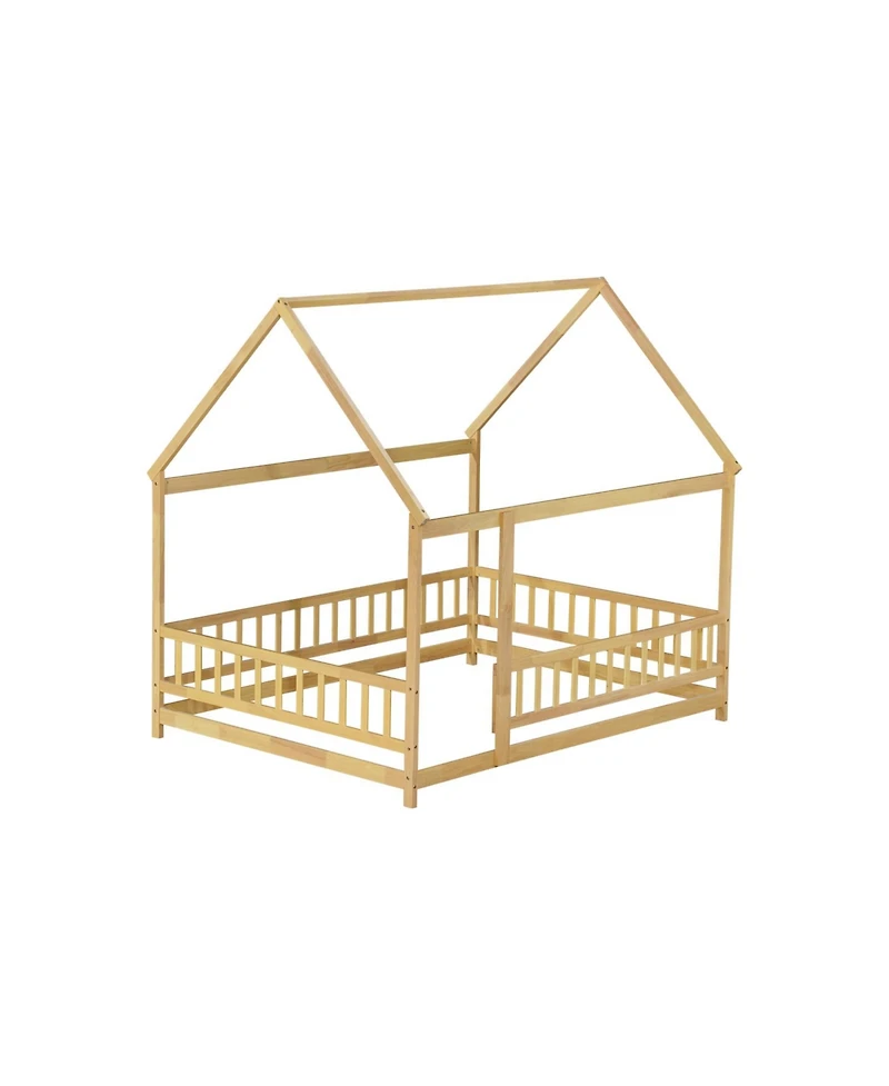Streamdale Furniture Full Size House Floor Wooden Bed with Roof Frame Safety Guardrails Natural