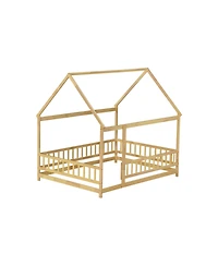 Streamdale Furniture Full Size House Floor Wooden Bed with Roof Frame Safety Guardrails Natural