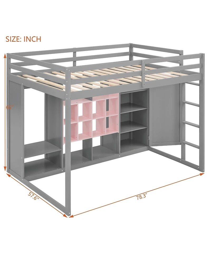 Streamdale Furniture Full Size Wood Loft Bed with Wardrobe, shelves and Cabinet, Gray+Pink