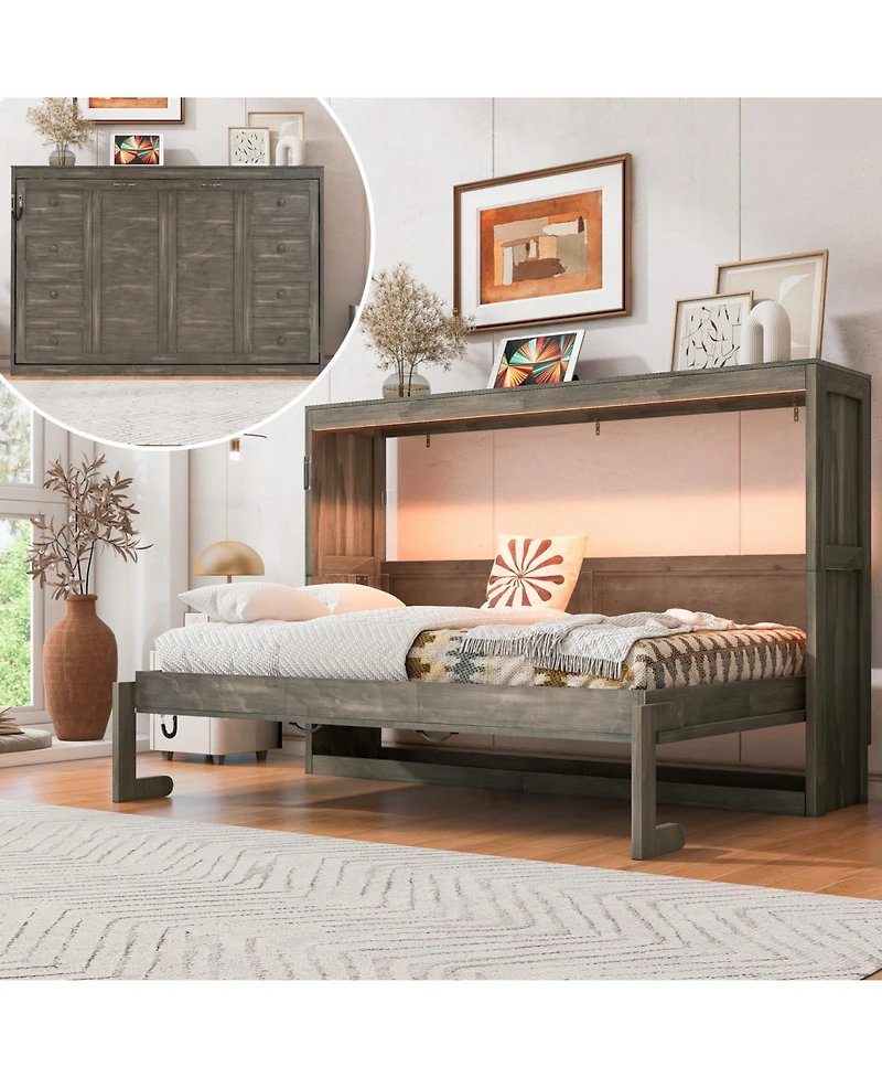 Streamdale Furniture Twin Murphy Bed with Led Light - Brown