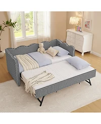 Streamdale Furniture Gingham Daybed with Trundle, Usb Port, Linen Fabric