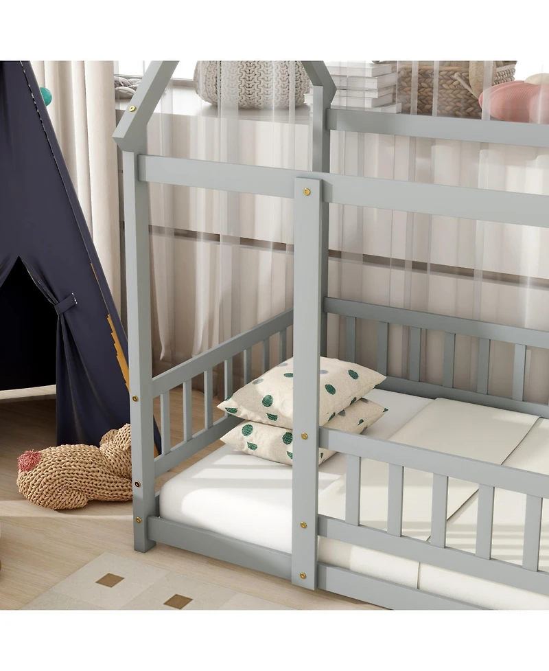 Streamdale Twin Size House Floor Wooden Bed with Roof Frame, Safety Guardrails, Grey