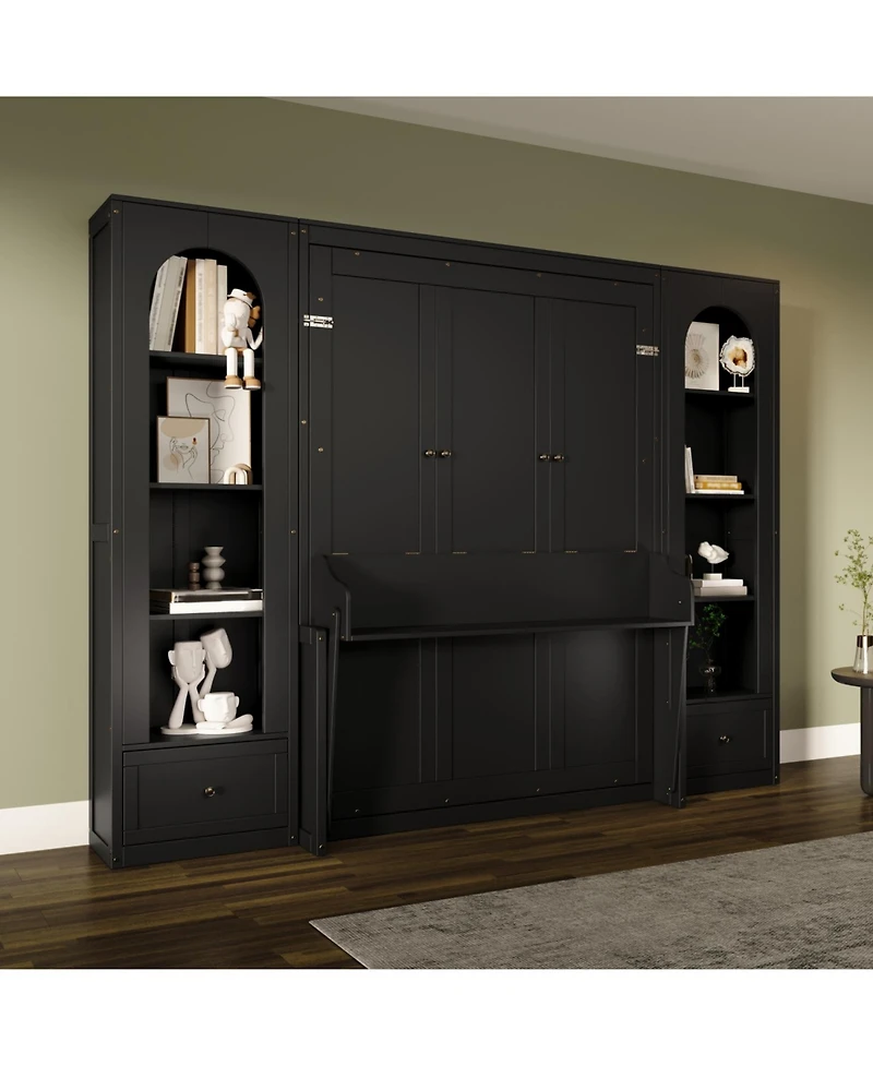 Streamdale Furniture Streamdale Queen Size Murphy Platform Bed with Shelf, Side Cabinets, Drawers and Led, Black