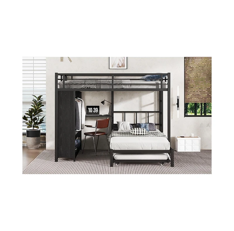 Streamdale Furniture Queen/Twin Bunk Bed with Wardrobe, Trundle, Desk, Ladders