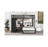Streamdale Furniture Queen/Twin Bunk Bed with Wardrobe, Trundle, Desk, Ladders